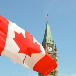 Canadian flag and building