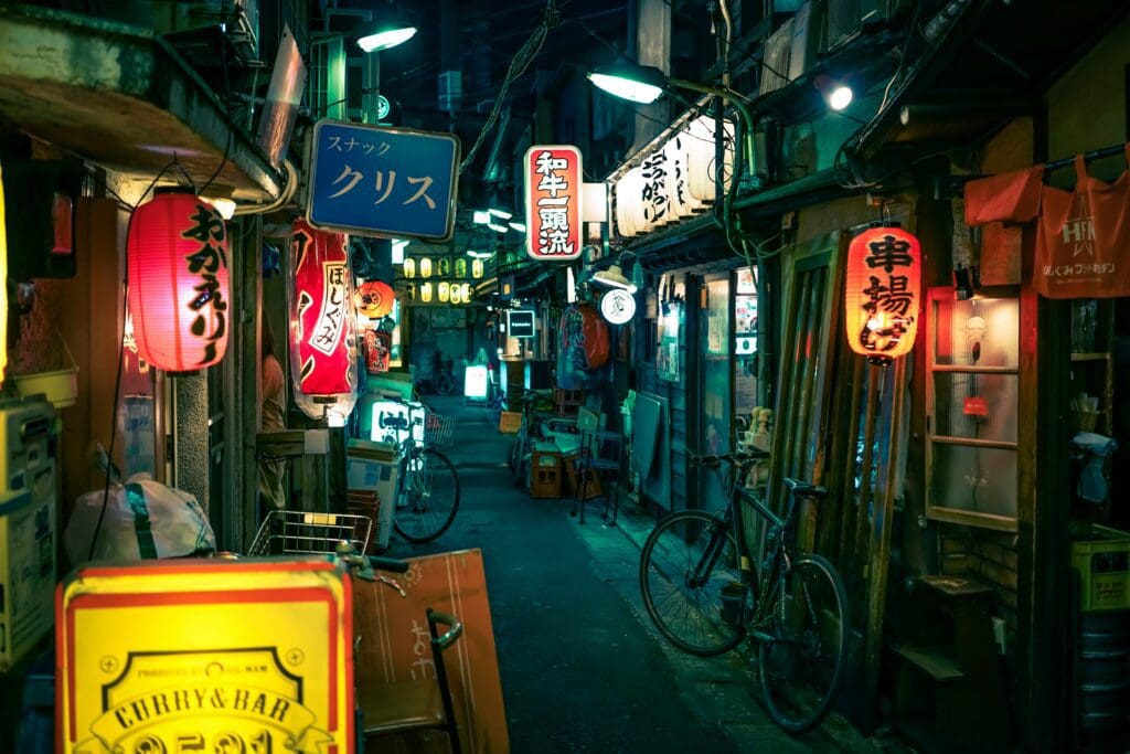 Street in Japan with independent local restaurants and shops. 
