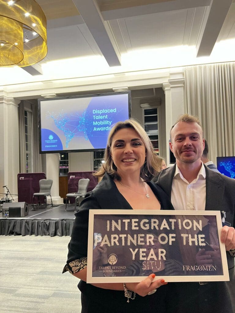 Rebecca Gonzaga, Commercial Director and James Connell, Senior Account Manager at Situ received the 'Integration Partner of the Year"' award at the Displaced Talent Mobility Awards 2023