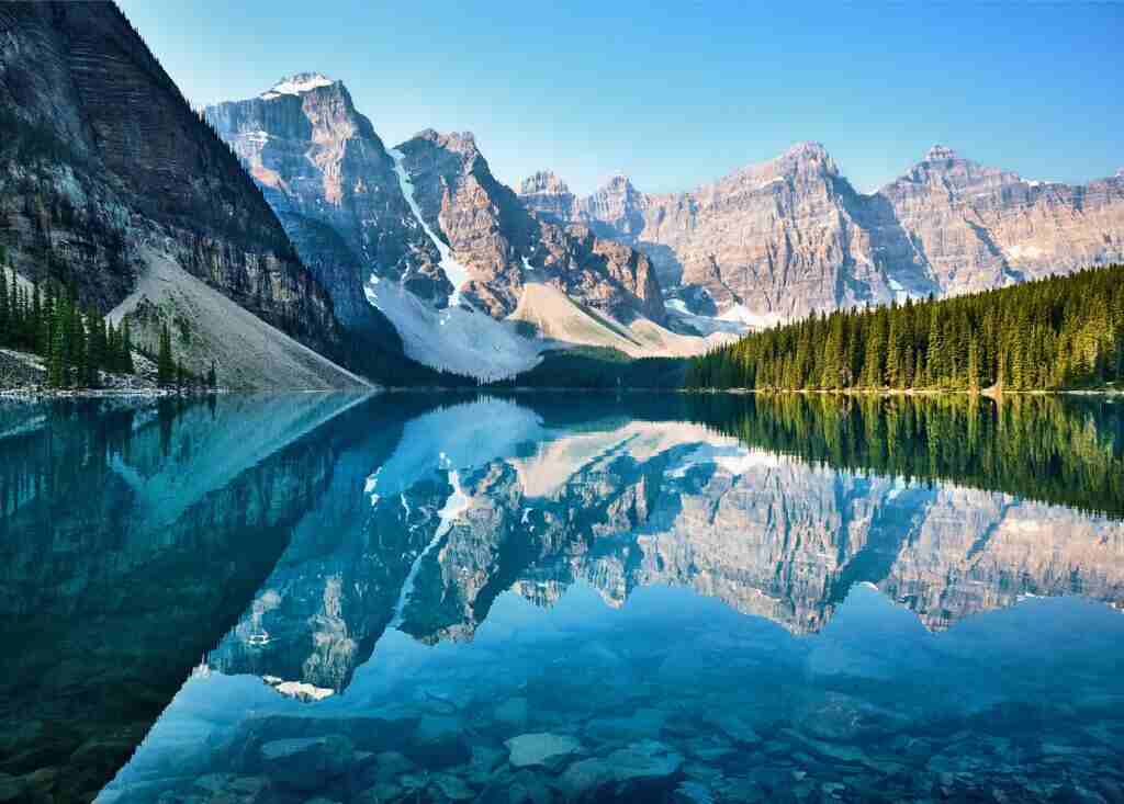 snow-topped mountains, lake and forest