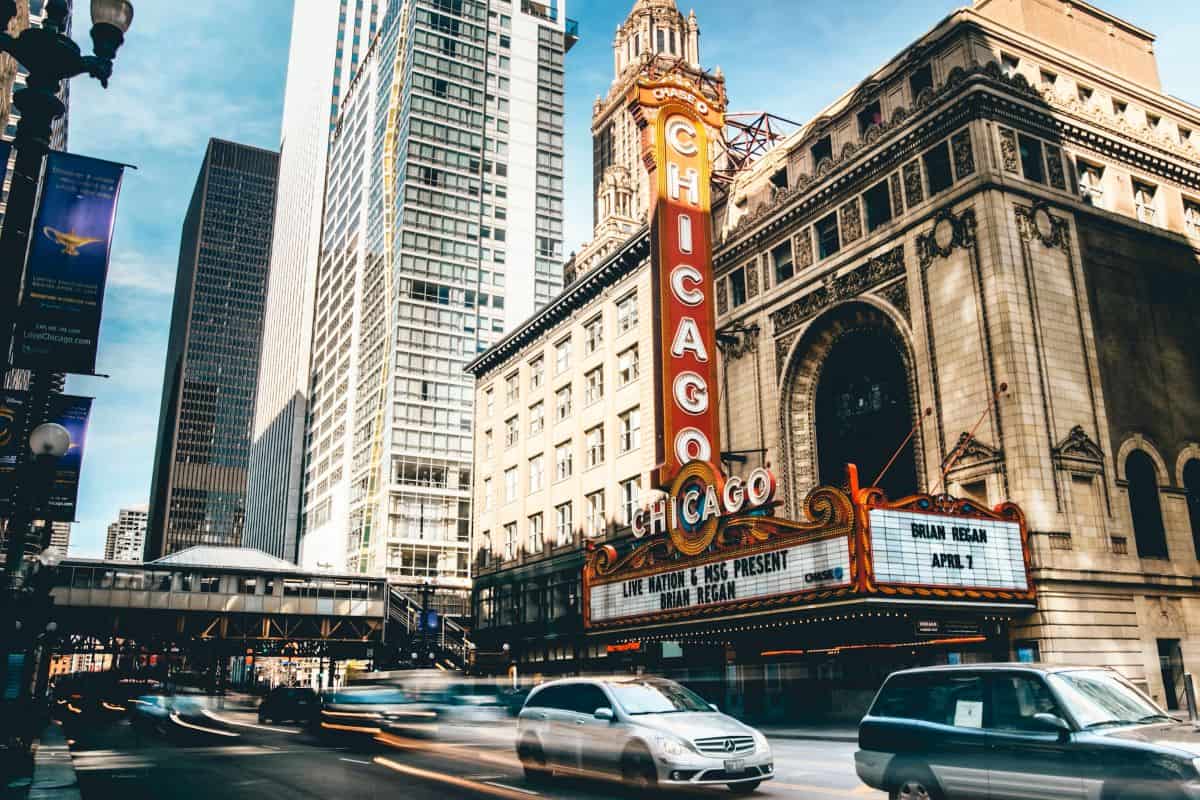 Chicago buildings with cars passing by