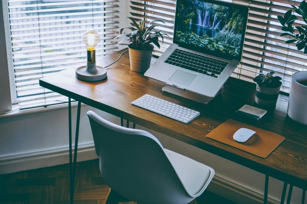 desk in daytime with laptop, lamp, plants and slatted blinds in the background