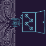 Teal outline of an open door