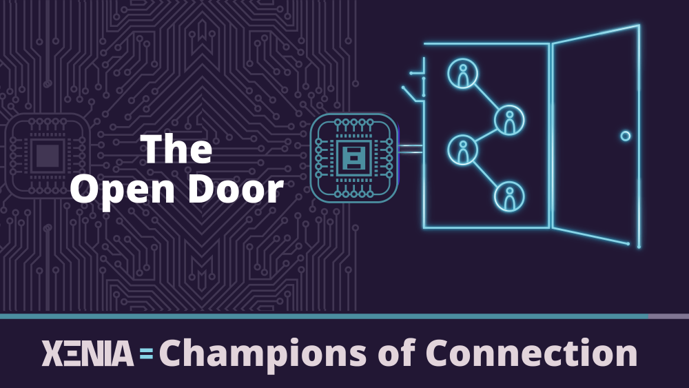 Teal outline of a door, captioned with 'The open door'