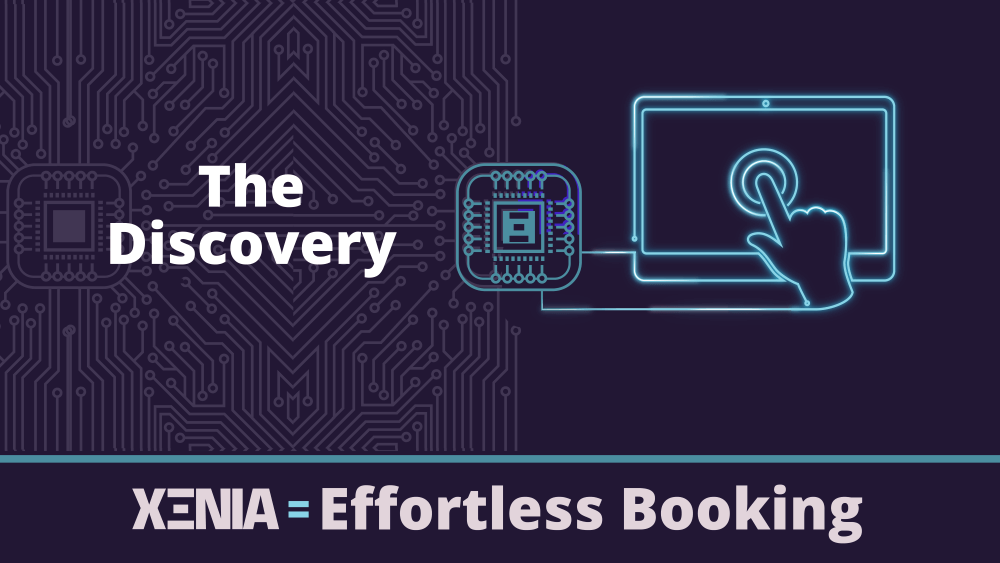 Teal outline of a computer screen, captioned with 'The discovery'