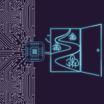 Teal outline of an open door