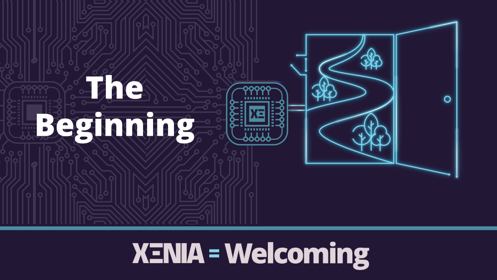 Teal outline of an open door, captioned with 'The beginning'