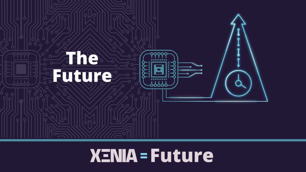 Teal outline of a clock captioned with 'The future'