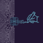 Teal outline of a hand holding a pen